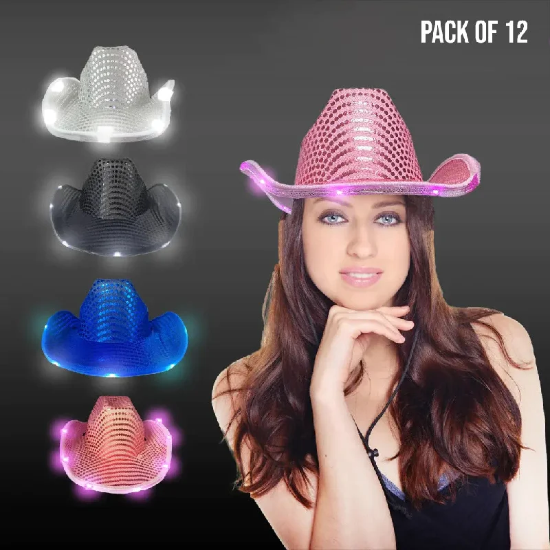 LED Light Up Flashing Cowboy Sequin Hats - 4 Colors Assorted Pack of 12 Hats