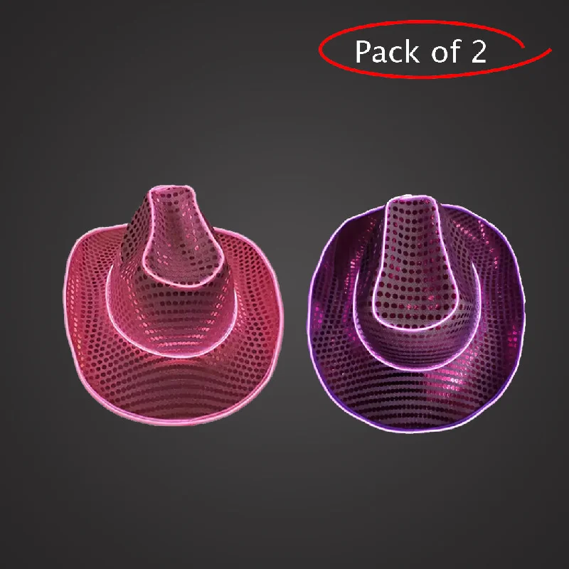 LED Light Up Flashing EL Wire Sequin Pink & Purple Cowboy Party Hat - Pack of 2 Hats