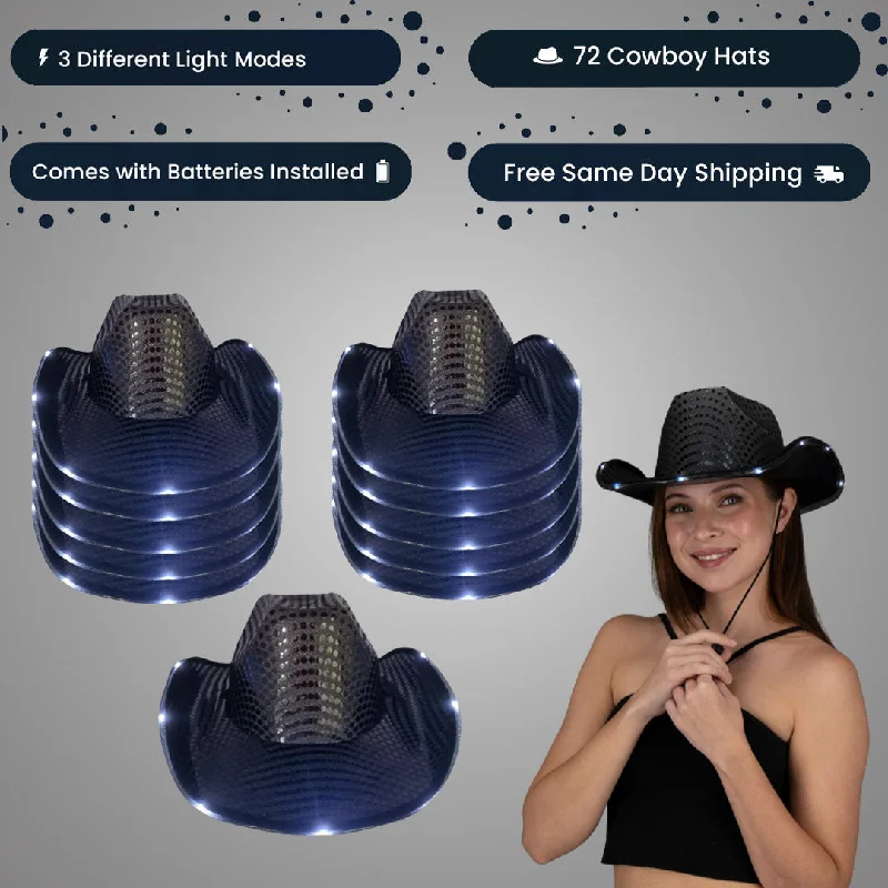 LED Light Up Flashing Sequin Black Cowboy Hat - Pack of 72 Hats