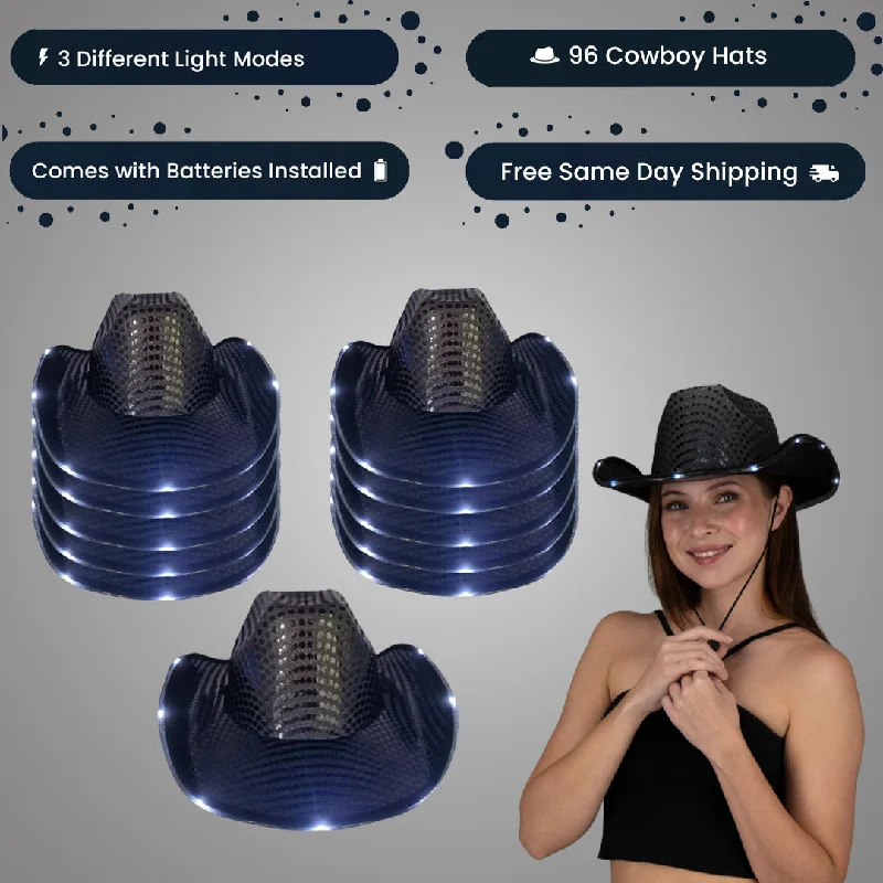 LED Light Up Flashing Sequin Black Cowboy Hat - Pack of 96 Hats