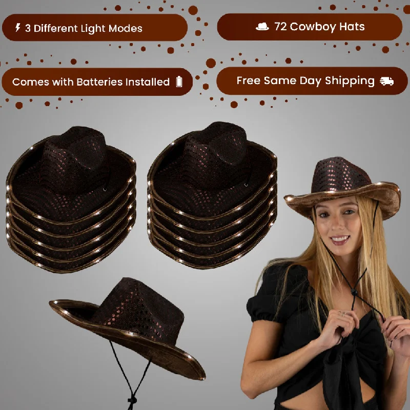 LED Light Up Flashing Sequin Brown Cowboy Hat - Pack of 72 Hats