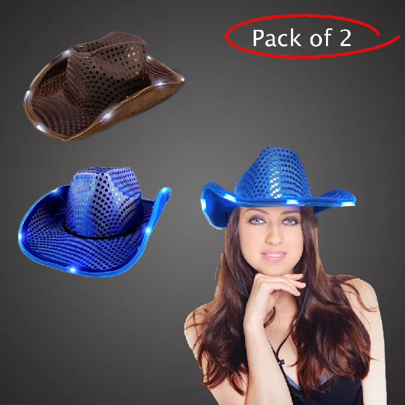 LED Light Up Flashing Sequin Blue & Brown Cowboy Hat - Pack of 2