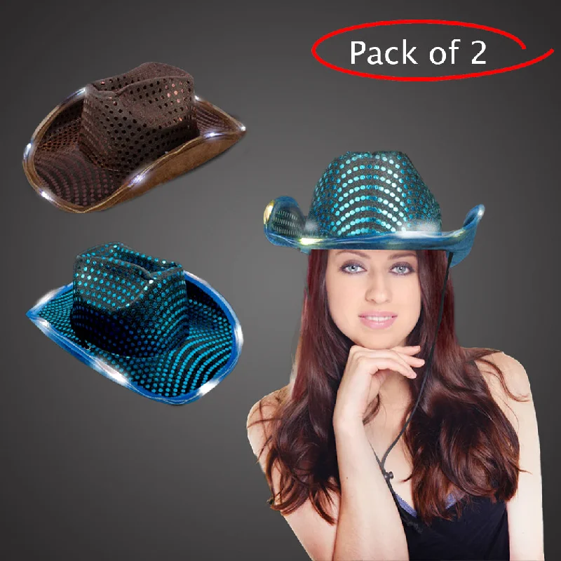 LED Light Up Flashing Sequin Brown & Teal Cowboy Hat - Pack of 2 Hats