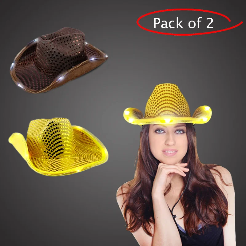 LED Light Up Flashing Sequin Gold & Brown Cowboy Hat - Pack of 2 Hats