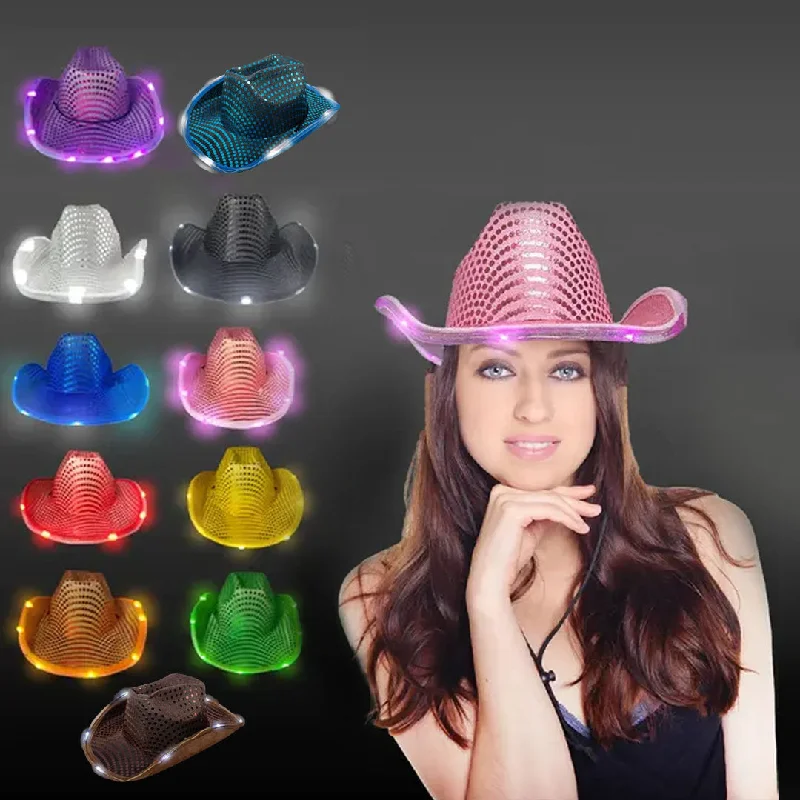 LED Light Up Flashing Sequin Cowboy Hats - 11 Assorted Colors Pack of 12 Hats