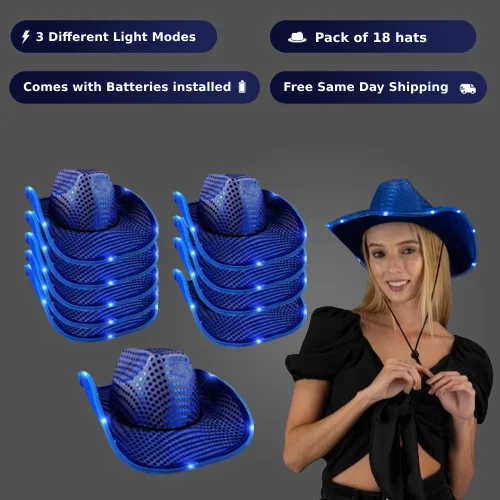 LED Light Up Flashing Sequin Blue Cowboy Hat - Pack of 18 Hats