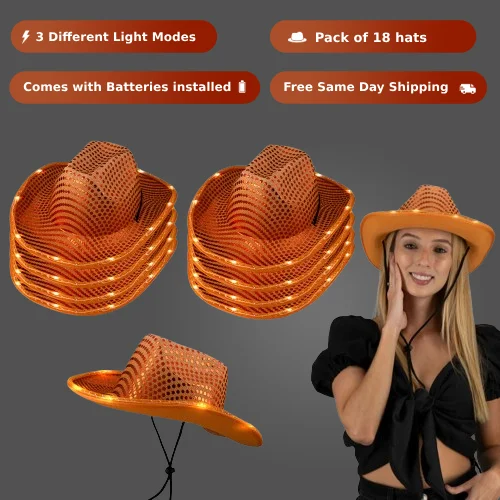 LED Light Up Flashing Sequin Orange Cowboy Hat - Pack of 18 Hats