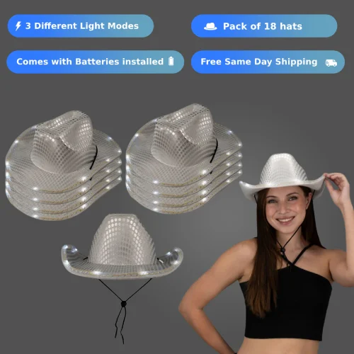 LED Light Up Flashing Sequin White Cowboy Hat - Pack of 18 Hats