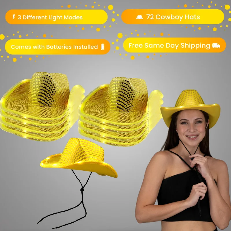 LED Light Up Flashing Sequin Gold Cowboy Hat - Pack of 72 Hats