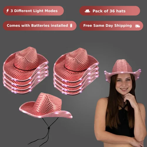 LED Light Up Flashing Sequin Pink Cowboy Hat - Pack of 36 Hats