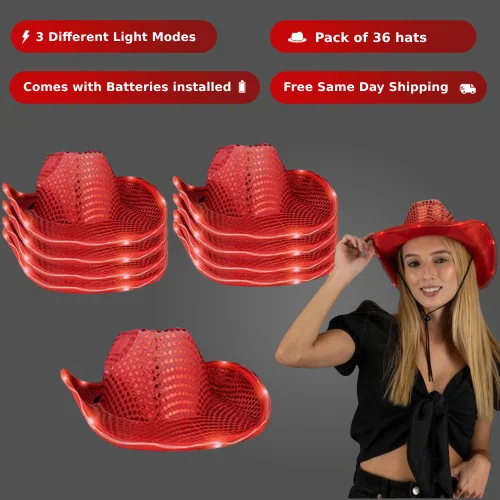 LED Light Up Flashing Sequin Red Cowboy Hat - Pack of 36 Hats