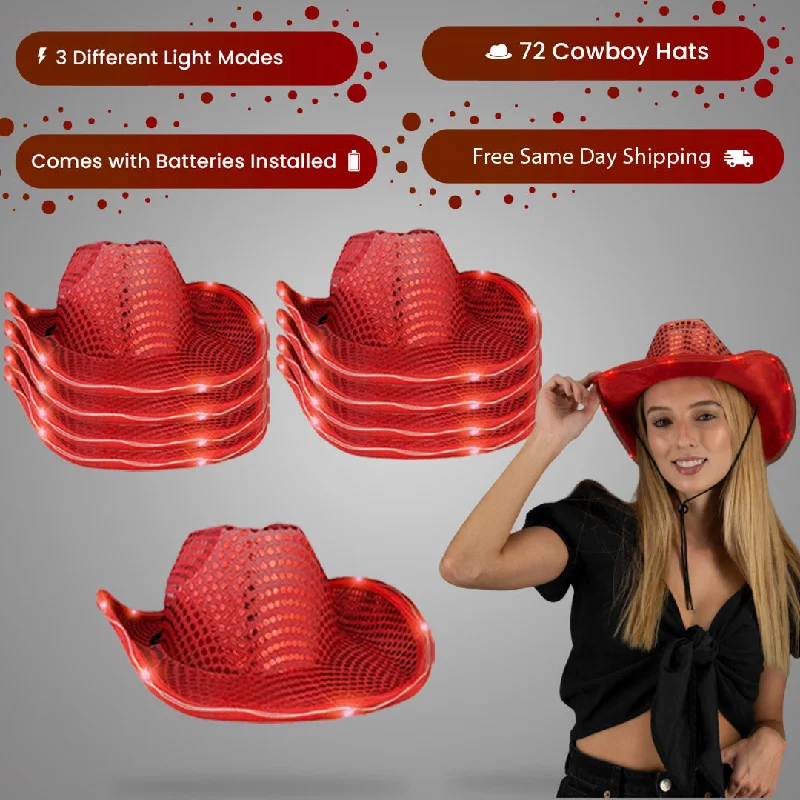 LED Light Up Flashing Sequin Red Cowboy Hat - Pack of 72 Hats