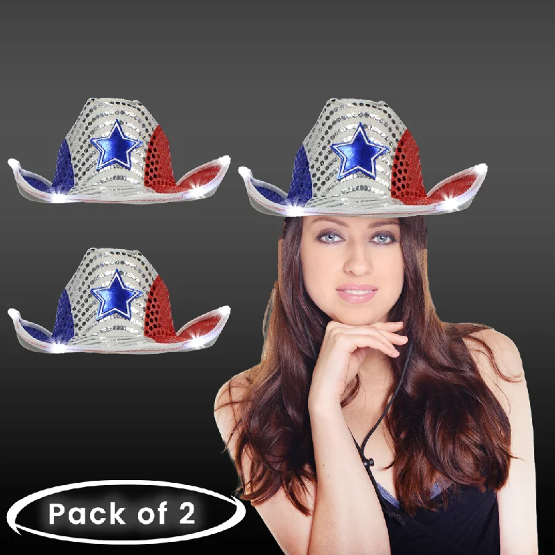 Patriotic LED Light Up Flashing Cowboy Hats With Red White Blue Sequins - Pack of 2