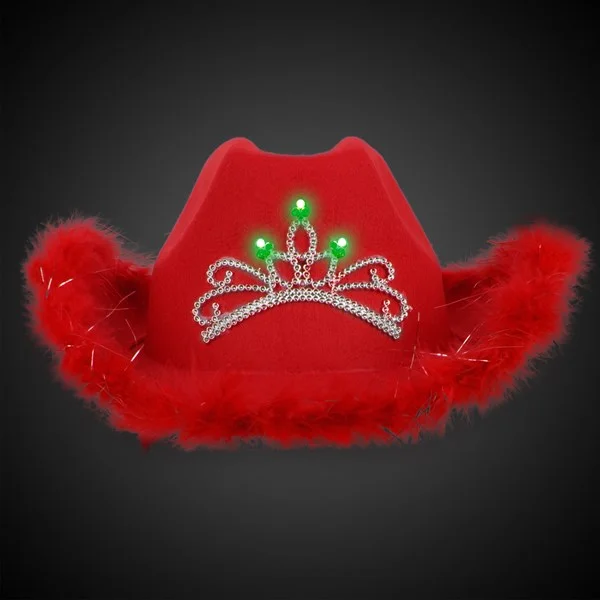 LED Light Up Feather Red Cowboy Hat With Tiara